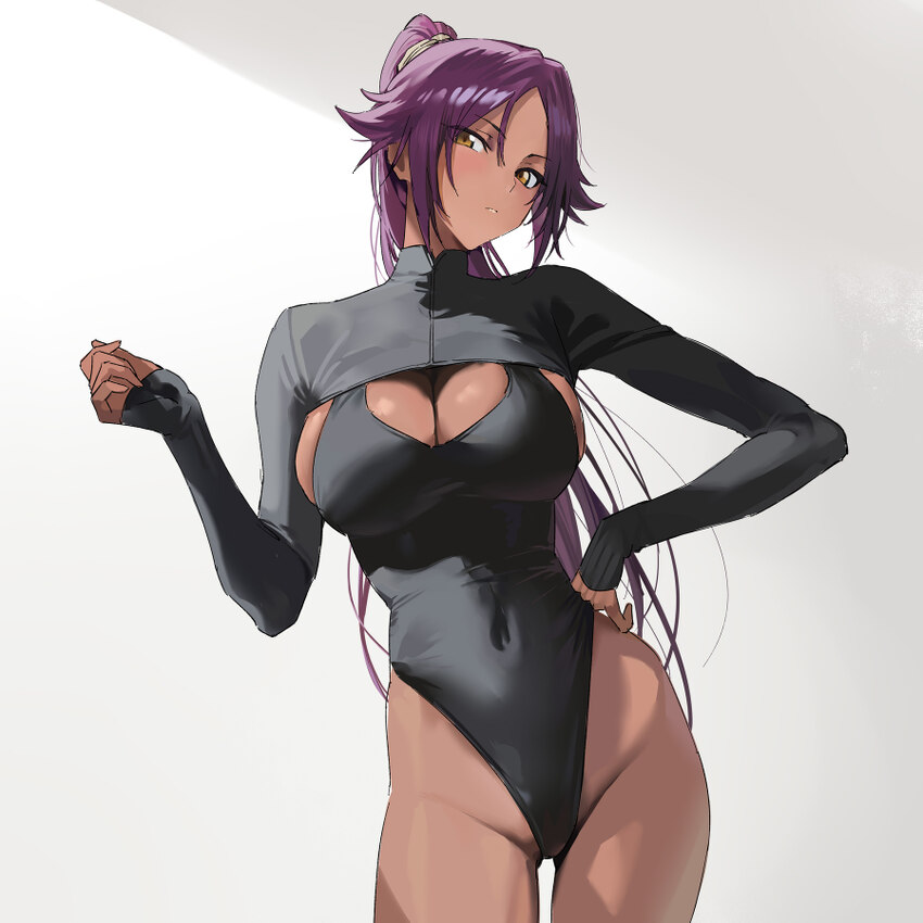 1girl alternate costume black leotard black shrug bleach breasts chinese commentary cleavage closed mouth commentary request contrapposto covered nav…