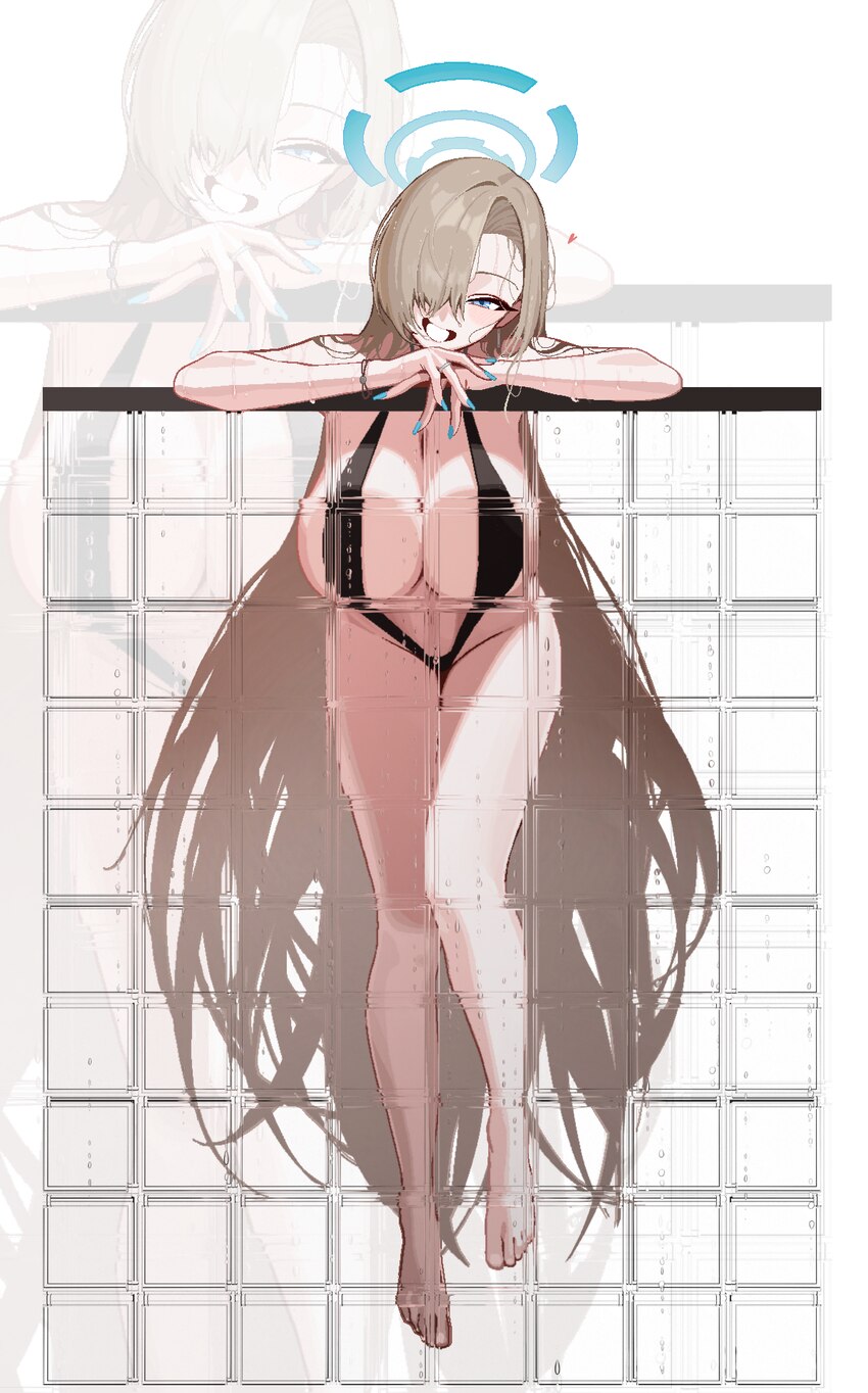 1girl absurdres against glass alternate costume anyak05 arm rest asuna (blue archive) asymmetrical bangs bare arms bare legs barefoot blonde hair blu…