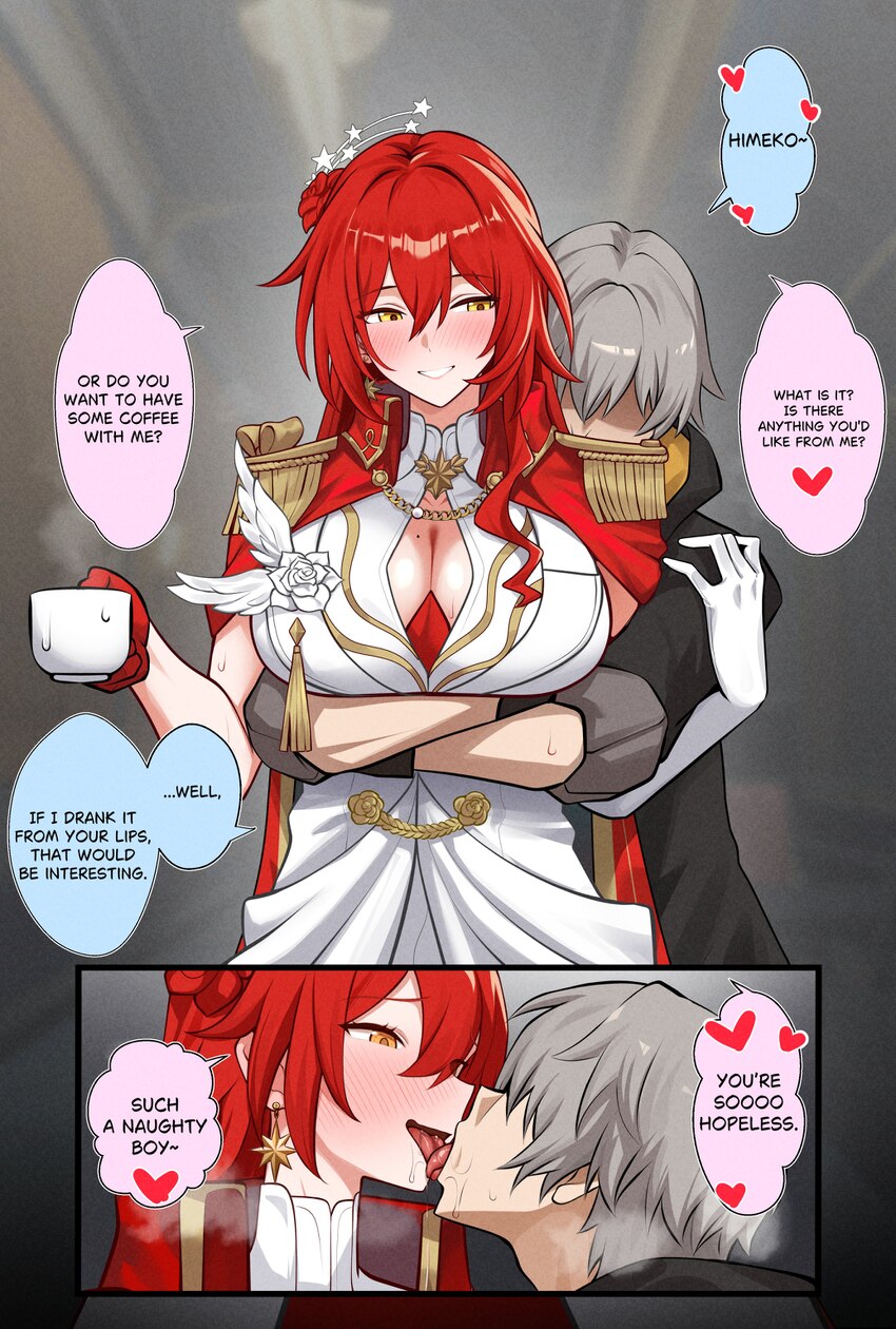 1boy 1girl absurdres asymmetrical gloves bonz0616 breasts caelus (honkai  star rail) commentary cup dress earrings english commentary english text ep…