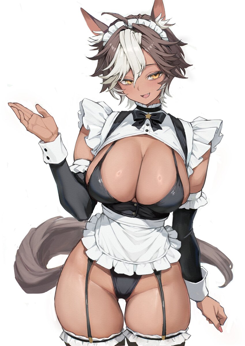 1girl absurdres alternate costume animal ear fluff animal ears apron black bow black bra black garter straps black panties black sleeves bow bra brea…