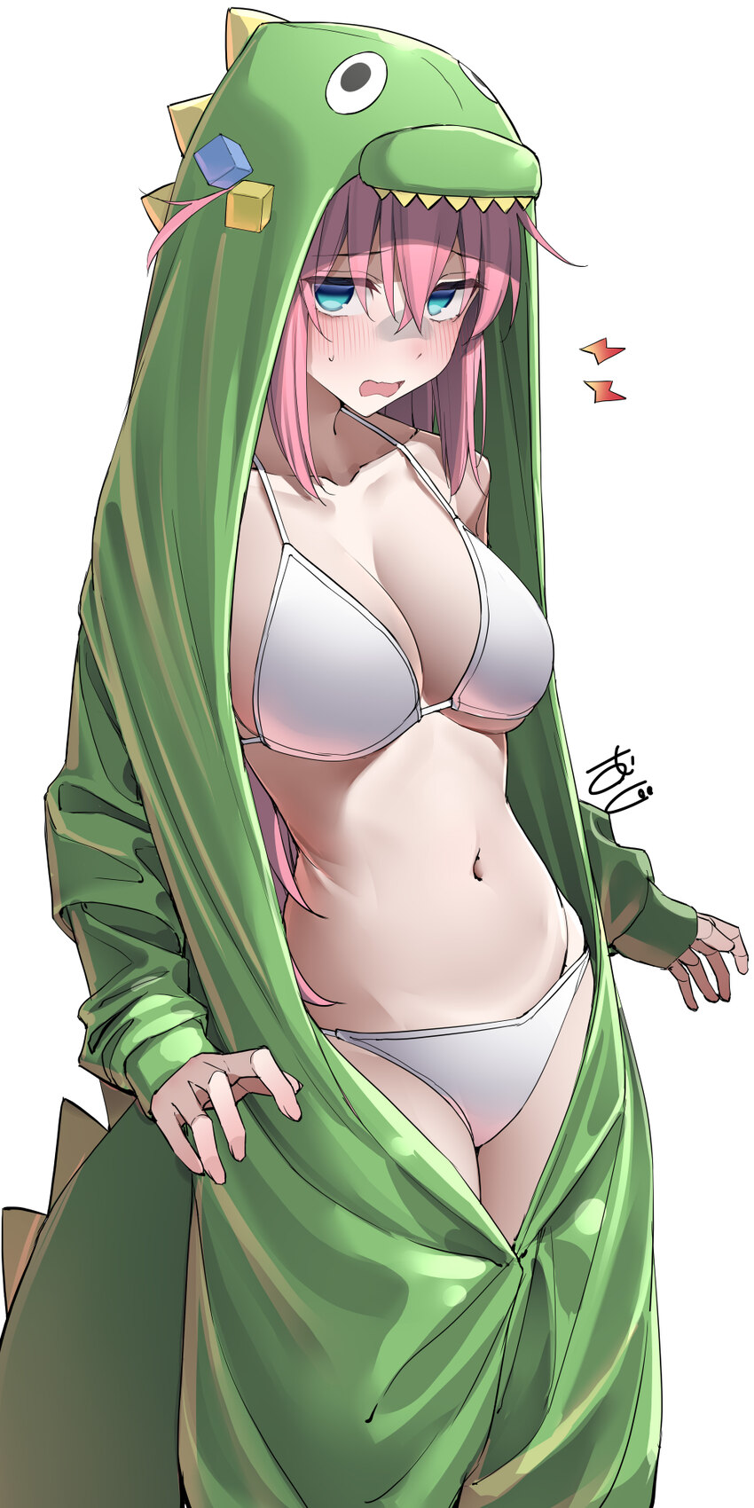 1girl absurdres bikini blue eyes blush bocchi the rock! breasts cleavage collarbone cosplay cube hair ornament dinosaur costume gotoh hitori hair orn…