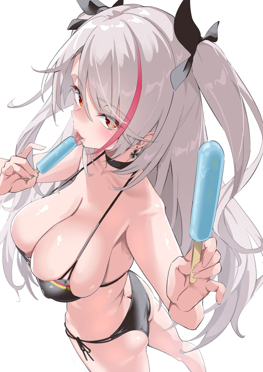 1girl  p absurdres azur lane bikini black bikini black choker black ribbon blush breasts butt crack choker cleavage commentary covered nipples cross …