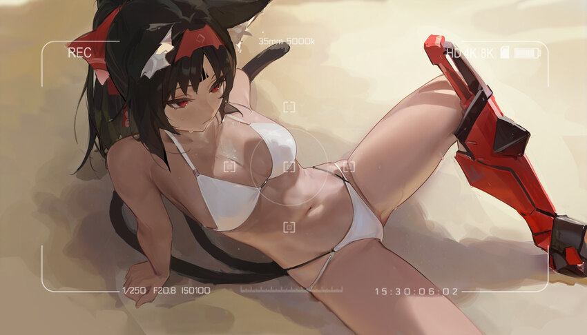 1girl alternate costume animal ear fluff animal ears arm support barcode barcode tattoo beach bikini black hair breasts cat ears cat girl cat tail ch…
