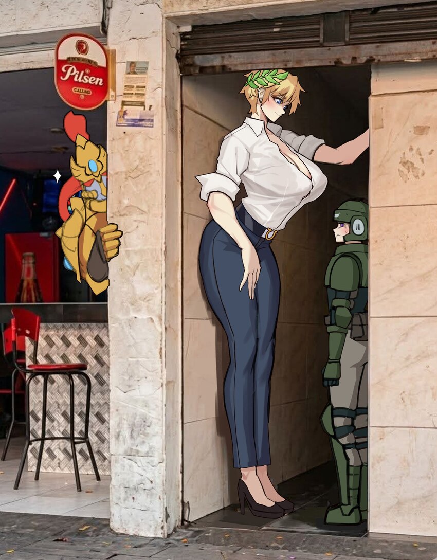 1girl 2boys adeptus astartes adeptus custodes astra militarum blonde hair blue eyes breasts building cleavage denim genderswap genderswap (mtf) giant…