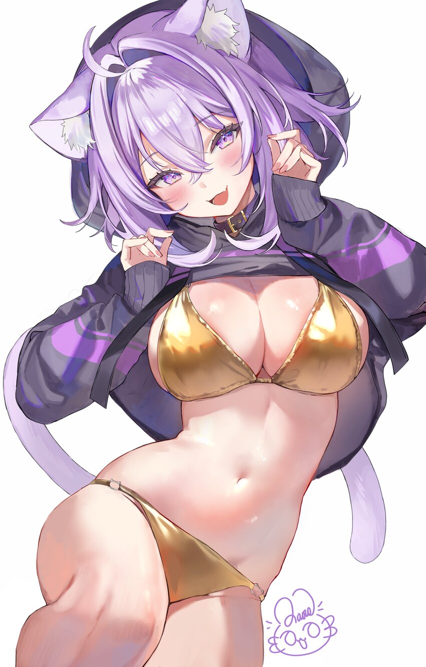 1girl absurdres ahoge animal ear fluff animal ears bikini blush breasts cat ears cat girl cat tail cleavage commentary english commentary gold bikini…