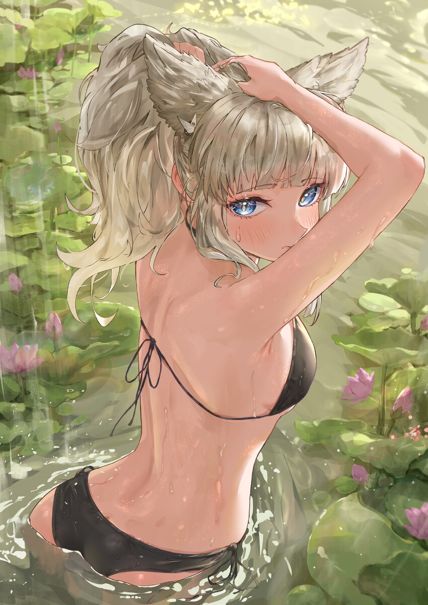 1girl absurdres alternate costume animal ears arknights arknights  endfield bikini bird ears bird girl black bikini blue eyes breasts commentary requ…