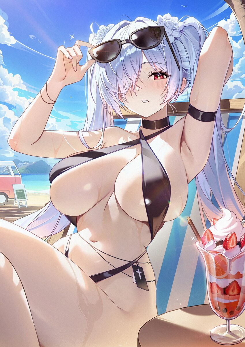 1girl absurdres armpits beach black slingshot swimsuit blue sky breasts cinderella (crystal wave) (nikke) cinderella (nikke) commentary eyewear on he…