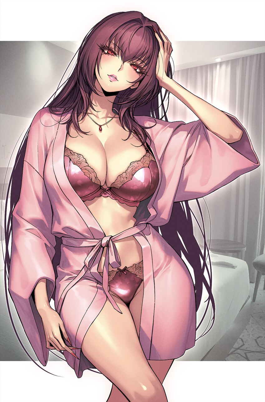 1girl alternate costume bathrobe blush bra breasts collarbone commentary fate/grand order fate (series) highres indoors jewelry large breasts long ha…