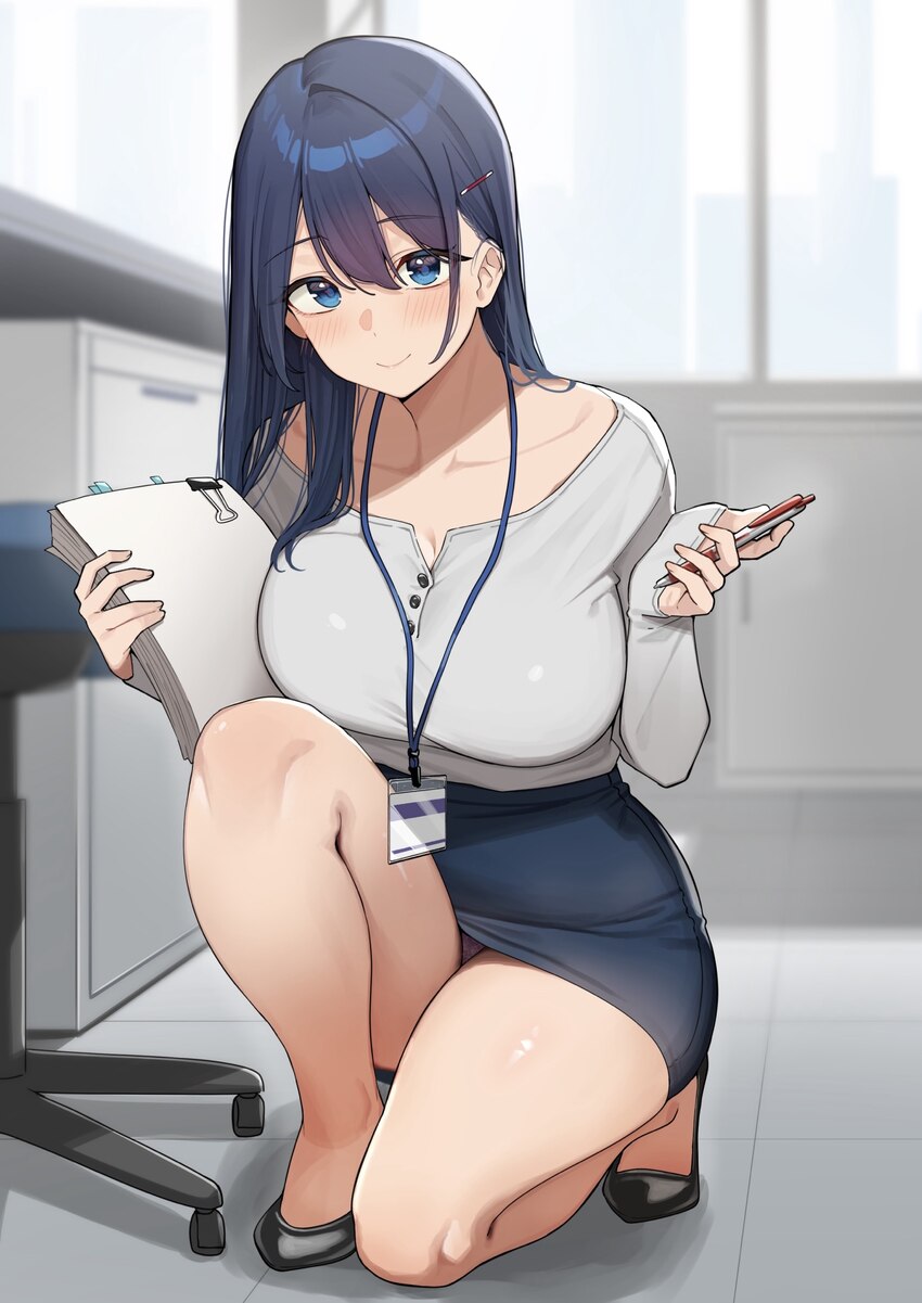 1girl black shoes blue eyes blue hair blush breasts chair closed mouth collarbone commentary request gradient hair hair between eyes hair ornament ha…