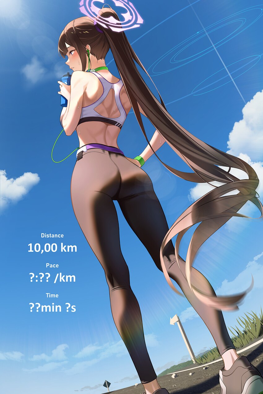 1girl absurdres ass black hair black leggings black pants blue archive blue sky blush bottle closed mouth commentary day dong (art woodong) earphones…