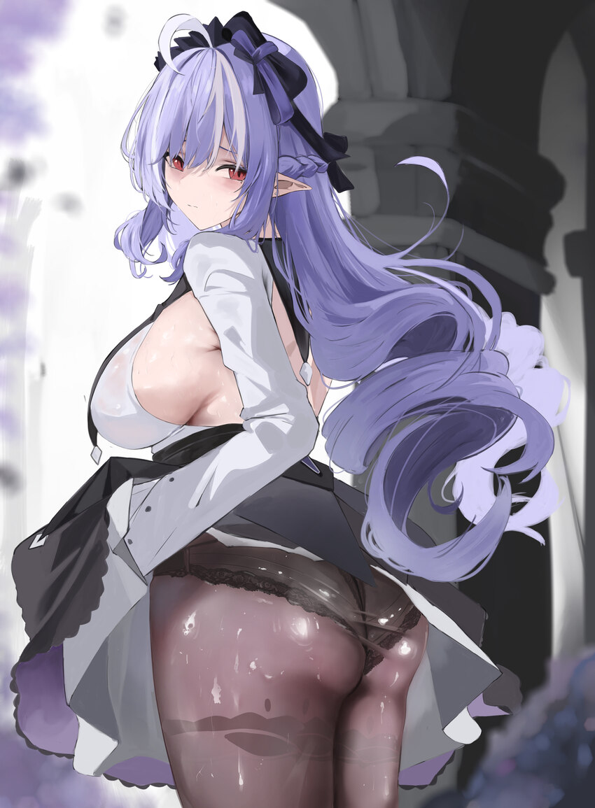 1girl absurdres ahoge alternate breast size (larger) ass black panties bow breasts brown pantyhose closed mouth commentary cowboy shot drill hair fro…
