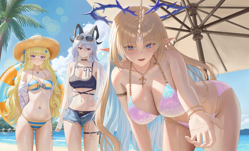 3girls absurdres alternate costume bare shoulders beach bikini black horns blonde hair blue eyes blue hair blush breasts closed mouth collarbone colo…