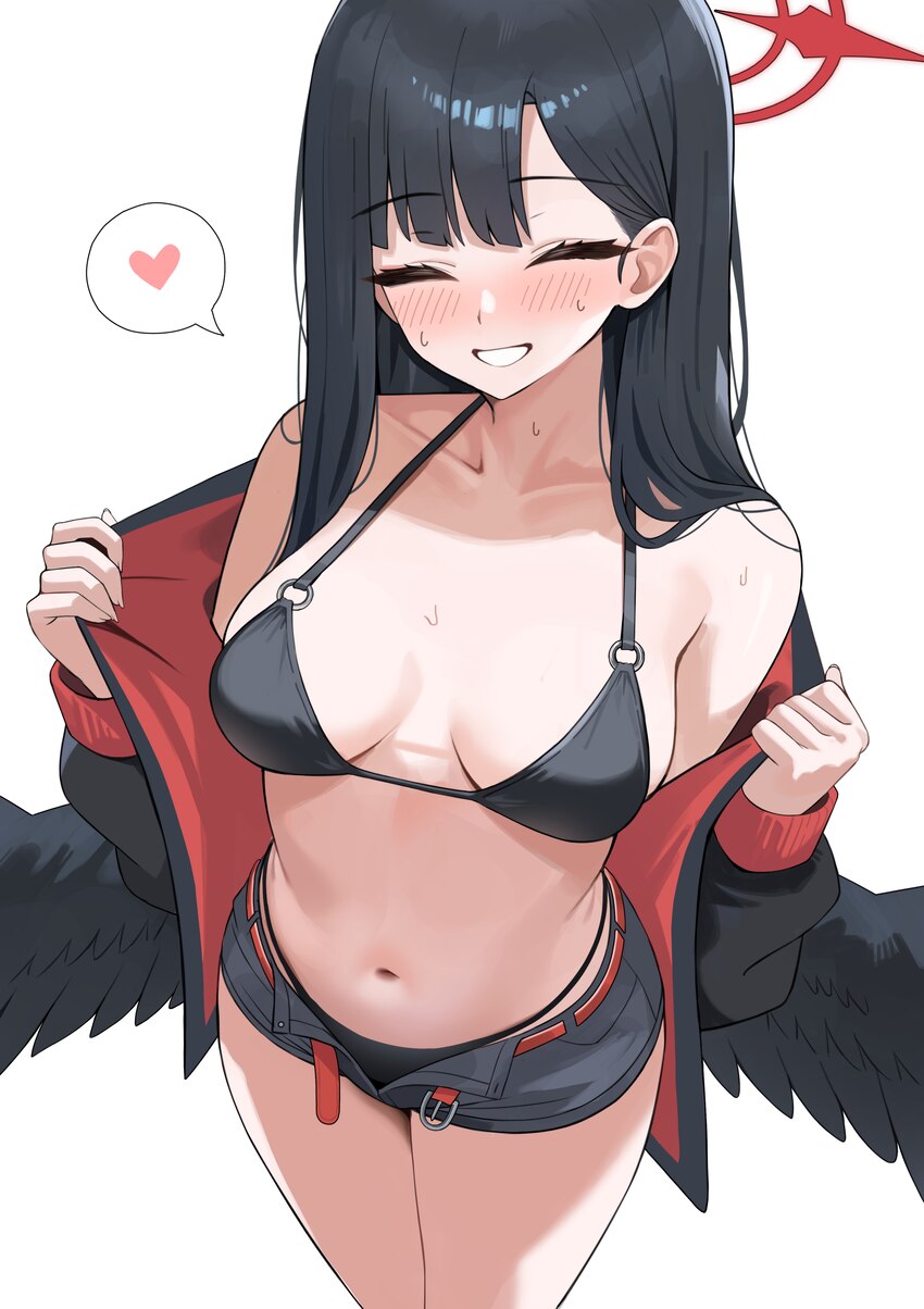 1girl absurdres bikini bikini bottom under shorts bikini under clothes black bikini black hair black shorts black wings blue archive blush breasts co…