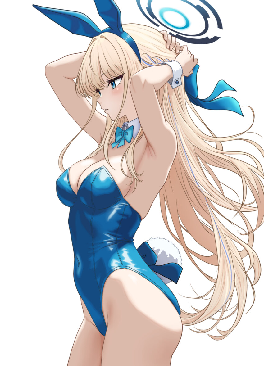 1girl absurdres animal ears aqua bow aqua bowtie armpits arms behind head bare shoulders blonde hair blue archive blue eyes blue hairband blue halo b…