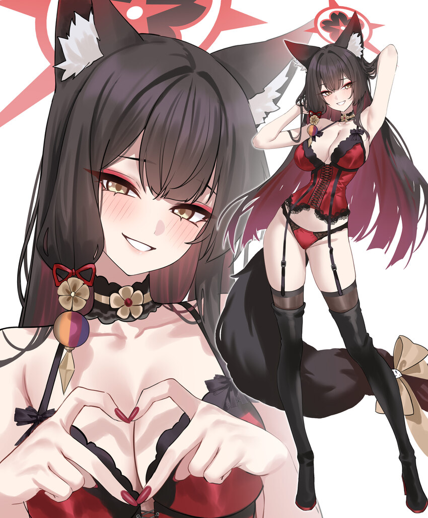 1girl absurdres alternate costume animal ear fluff animal ears armpits arms up bare shoulders black boots black hair black thighhighs blue archive bl…