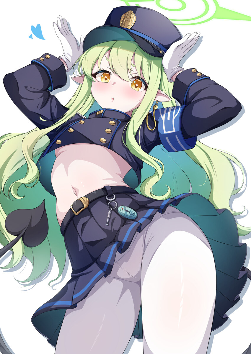 1girl  o absurdres armband arms up black hat black jacket black skirt black tail blue archive blue armband commentary request cowboy shot cropped jac…
