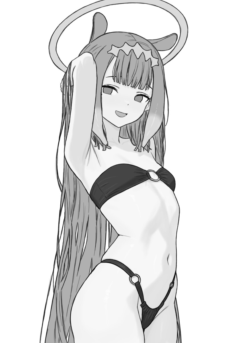 1girl absurdres alternate costume armpits bikini breasts commentary danimocles diamond hairband english commentary greyscale hair between eyes halo h…