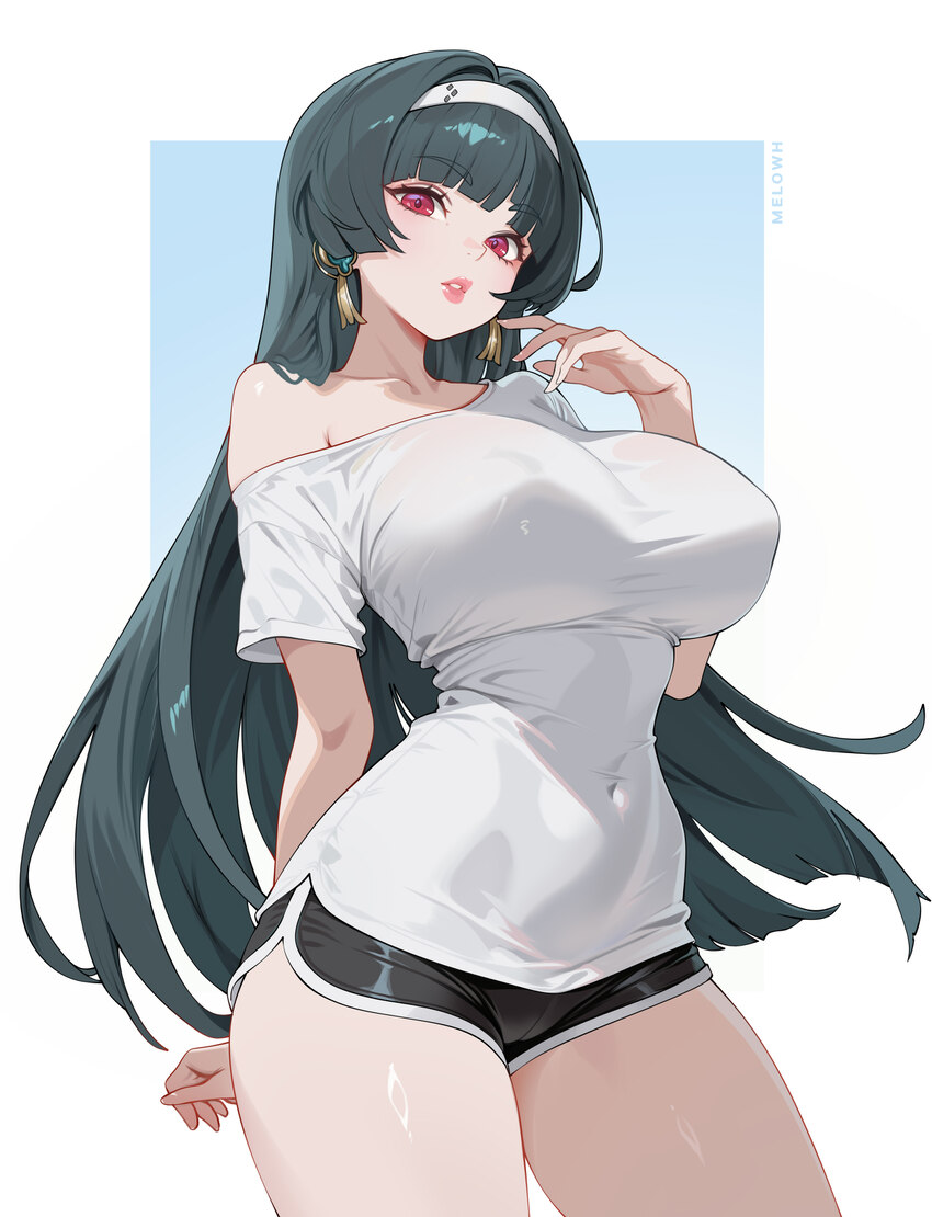 1girl absurdres arm behind back astra yao black shorts blunt bangs border breasts collarbone commentary covered navel earrings english commentary hai…