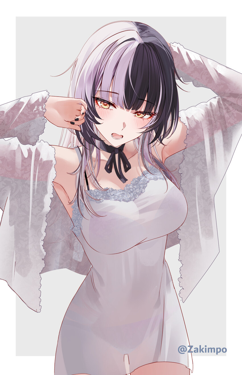1girl absurdres alternate costume armpits arms up black choker black hair breasts choker commentary cowboy shot dress grey hair highres hololive holo…