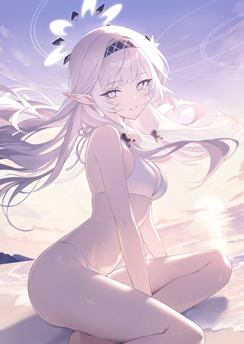 1girl absurdres alternate costume beach bikini blue archive breasts commentary request grey eyes grey halo hair tubes hairband halo highres himari (b…