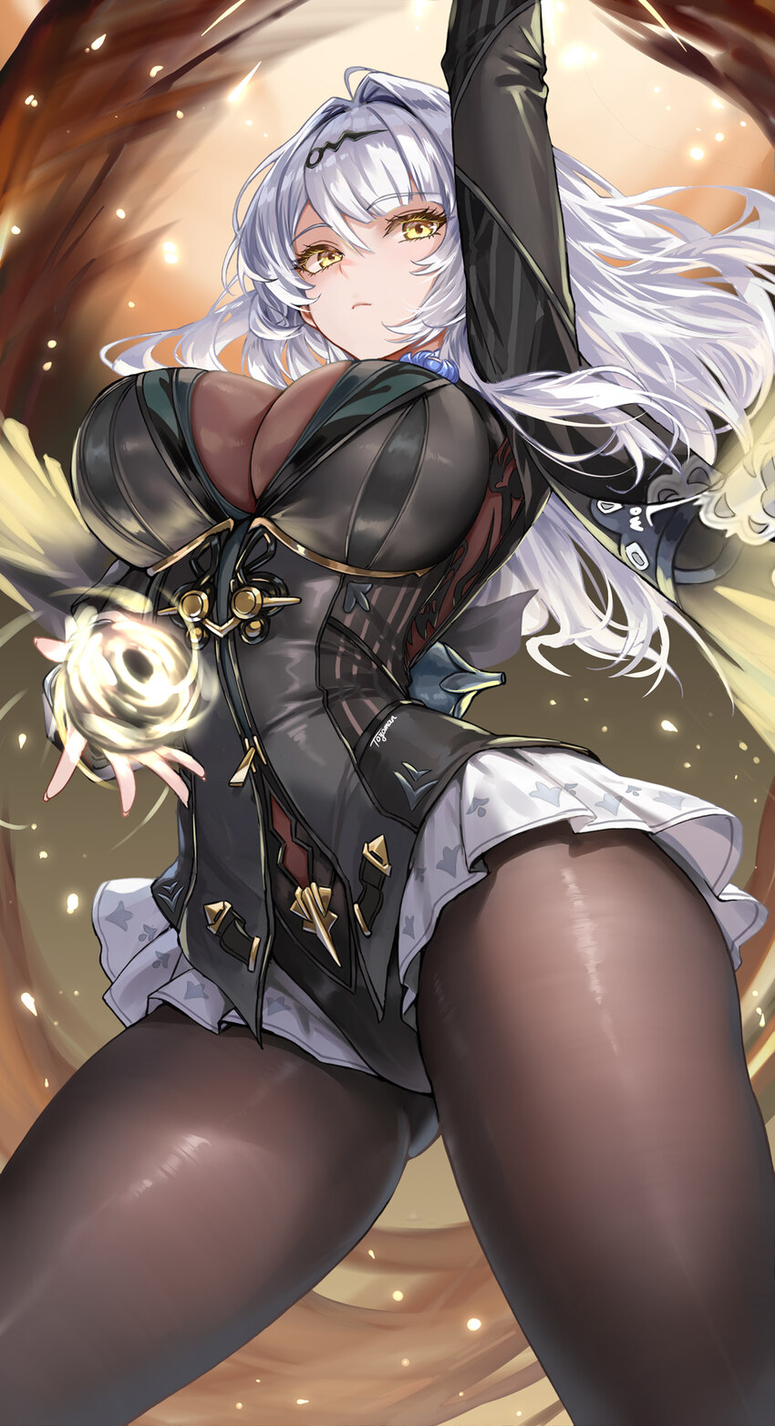 1girl arm up ass visible through thighs black pantyhose breasts closed mouth commentary request duplicate from below hair ornament highres huge breas…