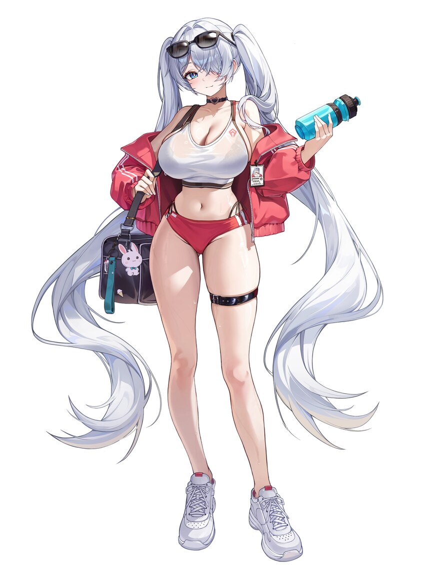 1girl absurdres bag bare legs bare shoulders belt black bra black choker blue eyes bra bra visible through clothes breasts buruma choker cinderella (…