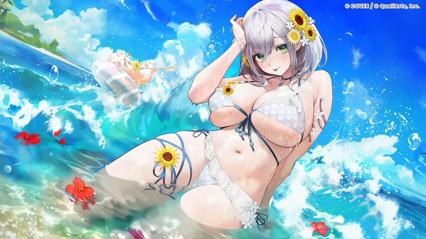 1girl agoto bikini blue sky breasts cloud commentary request danin-san (shirogane noel) day flower green eyes grey hair hair flower hair ornament hib…