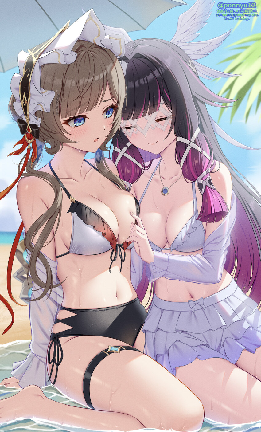 2girls alternate costume beach bikini bikini skirt black hair blue eyes bonnet breasts brown hair closed eyes columbina (genshin impact) commentary r…