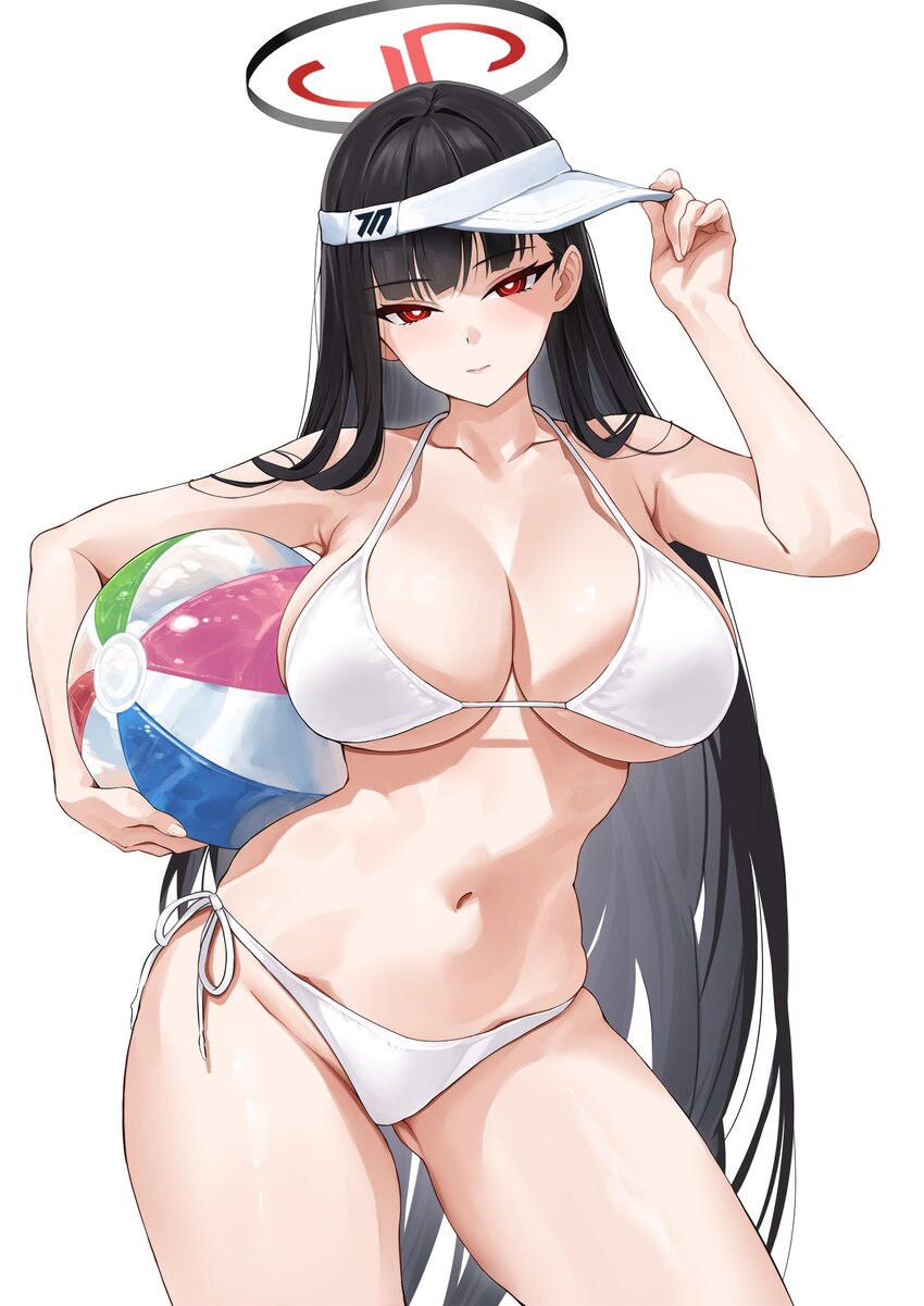 1girl alternate costume ball bare shoulders beachball bikini black hair black halo blue archive blunt bangs blush breasts bright pupils collarbone co…