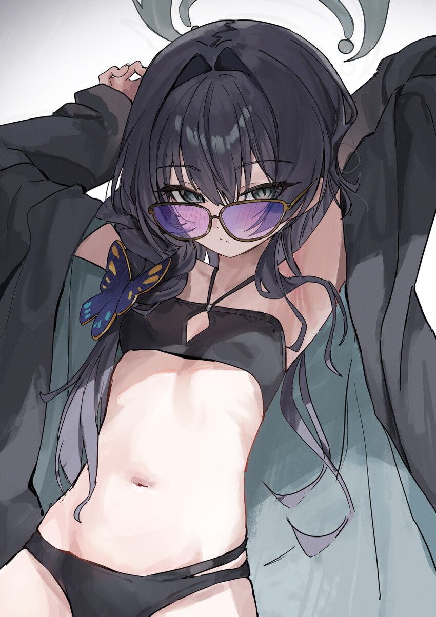 1girl absurdres armpits arms behind head bikini black bikini black hair black robe blue archive braid braid over shoulder butterfly hair ornament cle…
