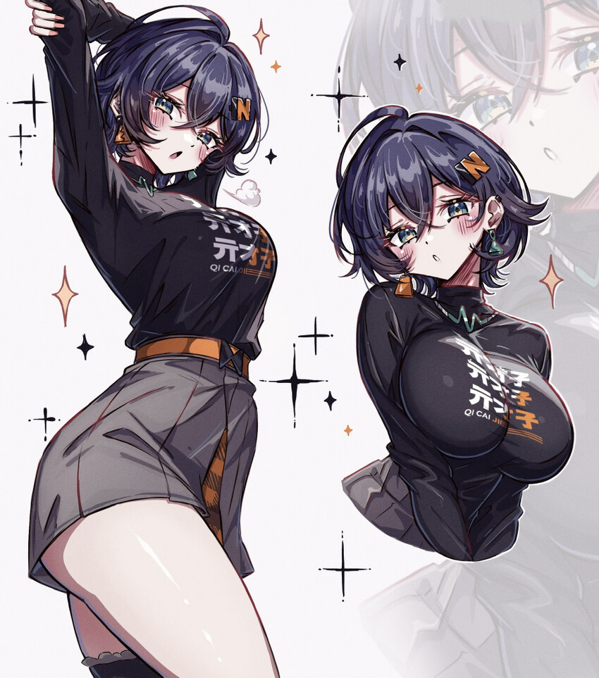 1girl arms up belle (zenless zone zero) belt black hair black shirt blush breasts clothes writing commentary cowboy shot cropped torso earrings engli…