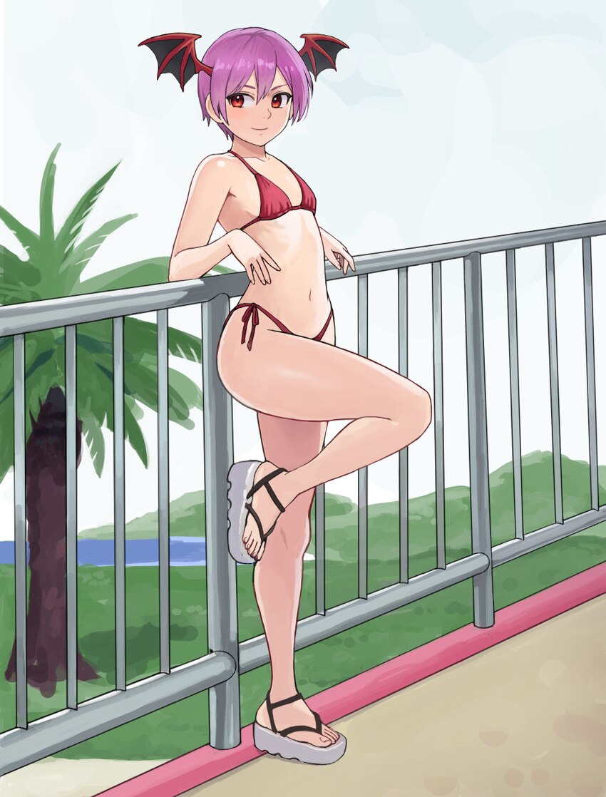 1girl absurdres arm rest bat wings bikini breasts closed mouth commentary darkstalkers demon girl english commentary feet fence flat chest full body …