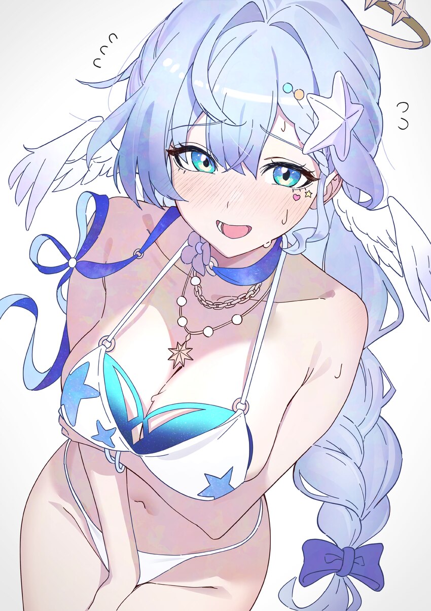 1girl absurdres bikini blue hair bow braid breasts chain commentary request green eyes groin hair between eyes hair bow hair intakes hair ornament ha…