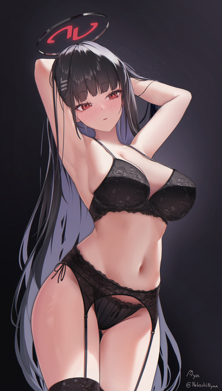 1girl absurdres arms behind head black bra black garter belt black hair black halo black panties black pantyhose blue archive bra breasts bright pupi…