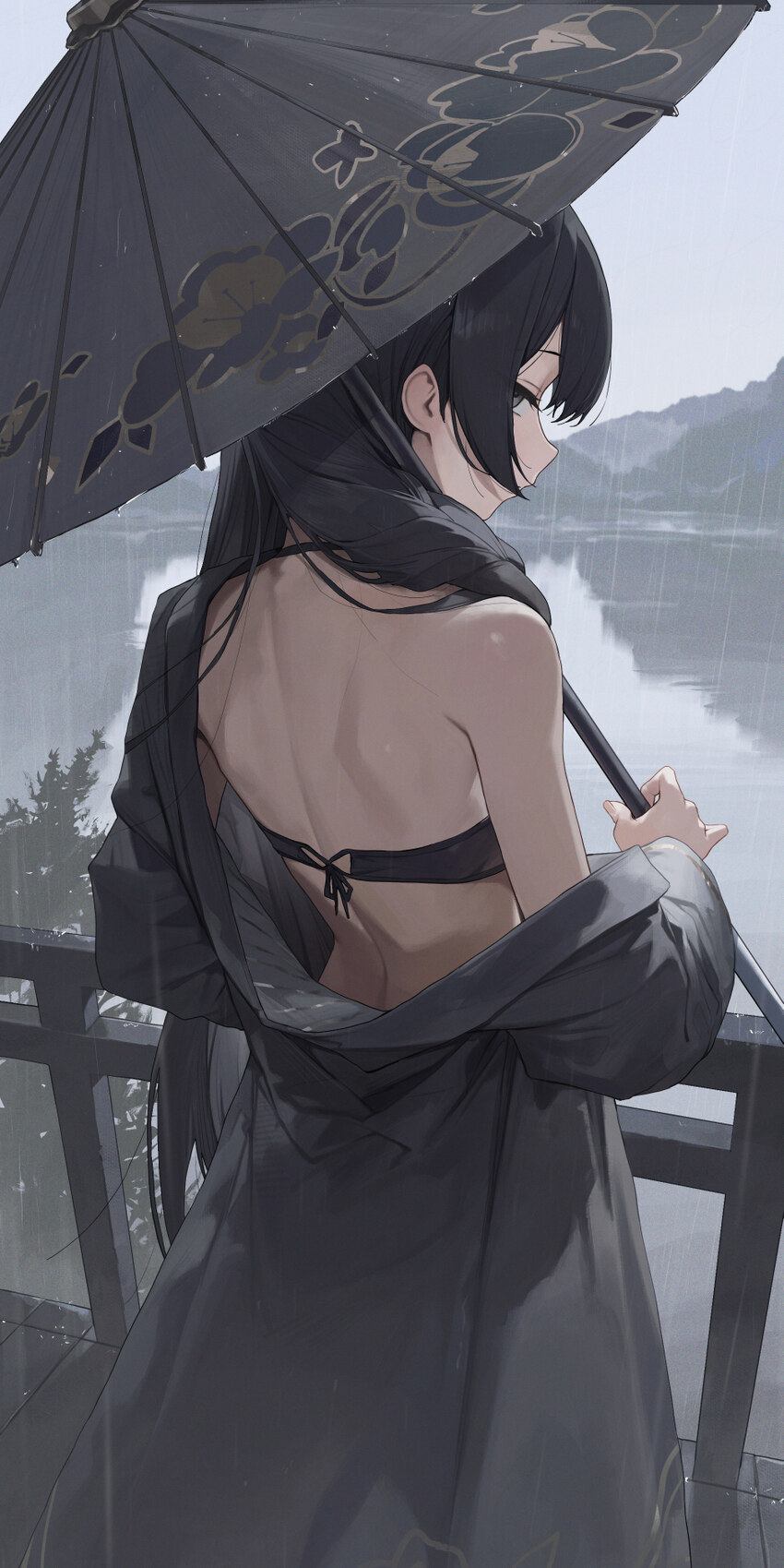 1girl absurdres back bare shoulders bikini black bikini black hair black robe blue archive braid coat commentary from behind grey eyes highres kisaki…