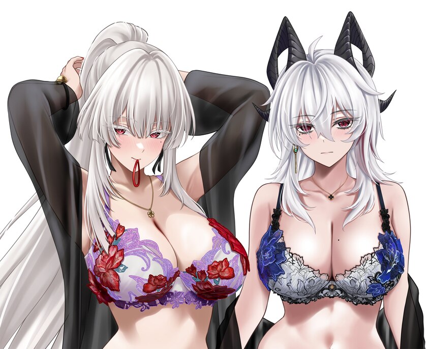 2girls ahoge alternate breast size (larger) arms up black horns bra breasts cleavage closed mouth collarbone colored eyelashes commentary curled horn…