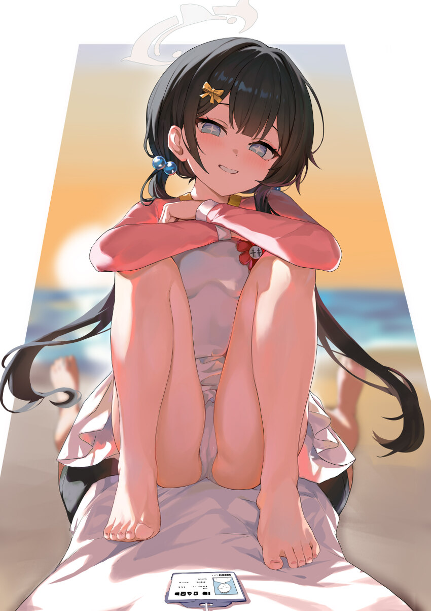 + + 1boy 1girl absurdres barefoot beach black hair blue archive blurry blurry background commentary evening feet grey eyes grey halo hair bobbles hai…
