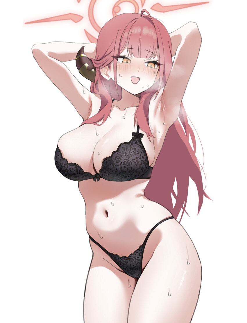 1girl absurdres armpits arms up aru (blue archive) black bra black panties blue archive blush bow bow bra bow panties bra breasts brown horns cleavag…