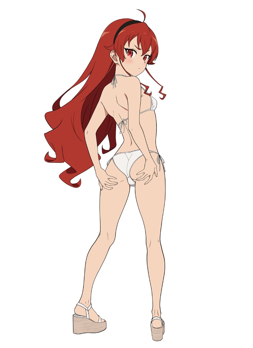 1girl absurdres ahoge ass bikini black hairband blush closed mouth commentary coro fae crotch seam eris greyrat from behind full body hairband halter…