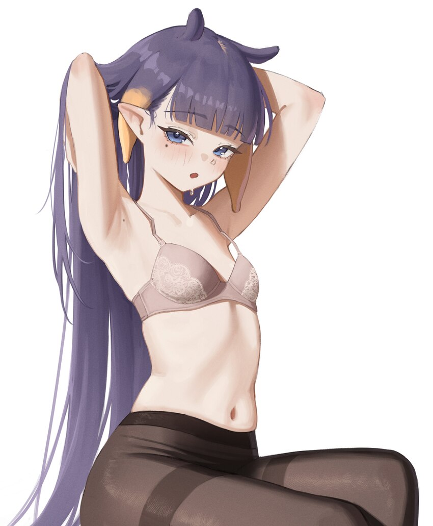 1girl absurdres armpits arms behind head arms up blue eyes blunt bangs bra flat chest gradient hair grey bra highres hololive hololive english long h…