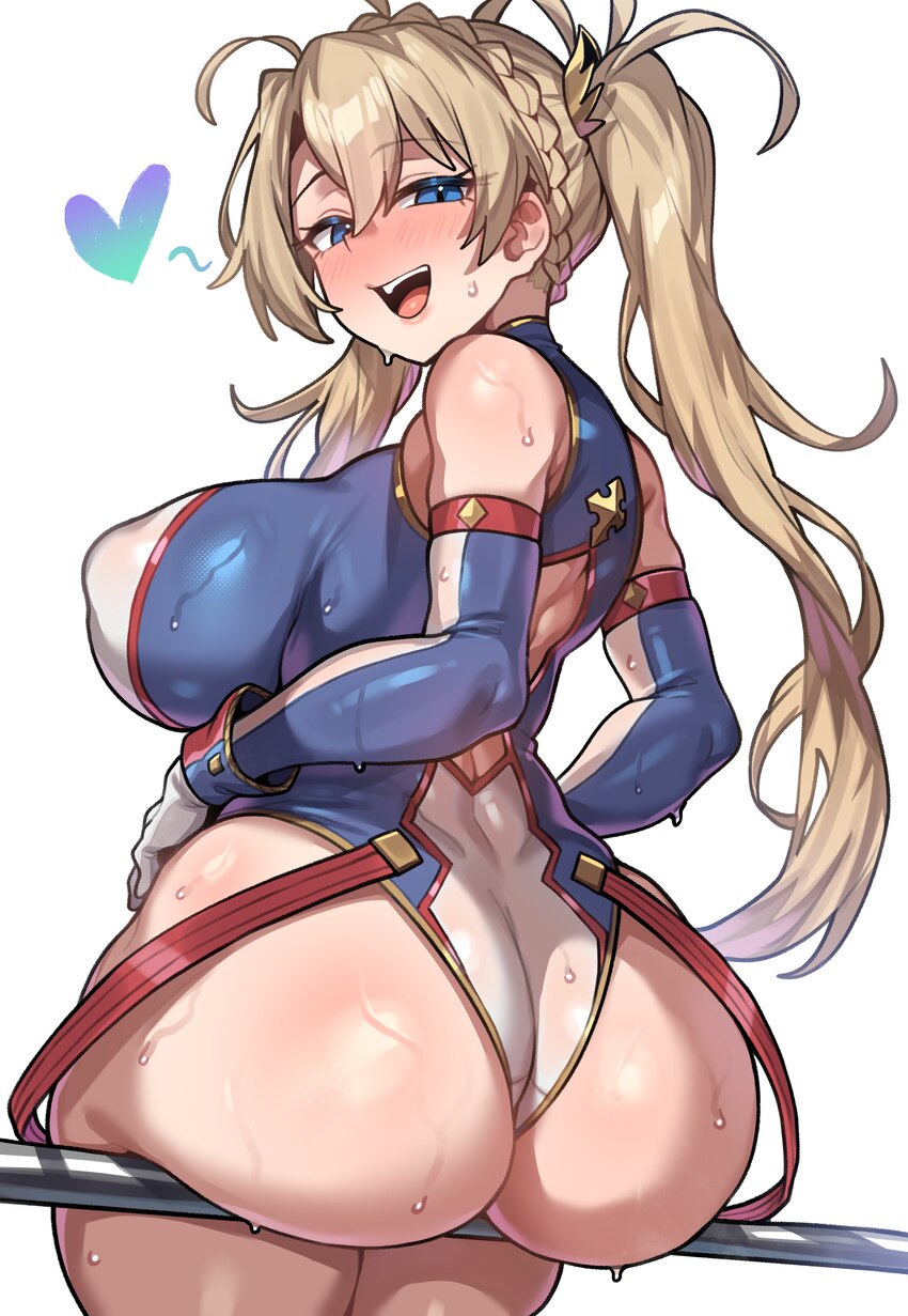1girl absurdres ass back back cutout bare shoulders blonde hair blue eyes blue gloves blue leotard blush bradamante (fate) bradamante (first ascensio…