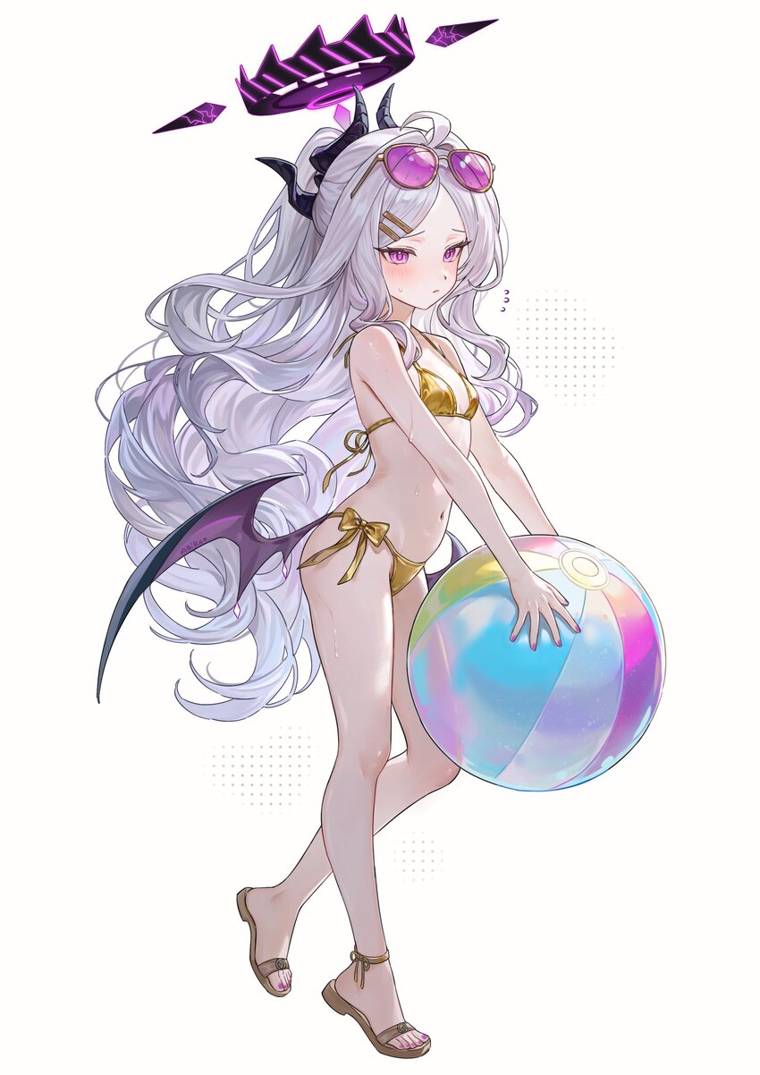 1girl alternate costume ariko (aaaaarik) ball beachball bikini black halo blue archive blush breasts closed mouth commentary eyewear on head feet fin…