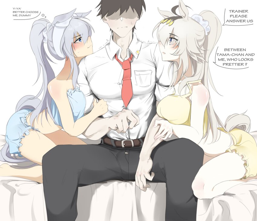 1boy 2girls ahoge animal ears arm hug blazer blue eyes blush breast press breasts bright pupils brown hair commentary doli palta english commentary f…