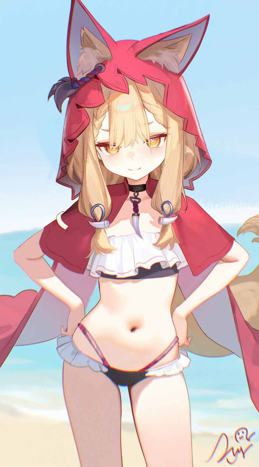 1girl absurdres animal ears arknights arknights  endfield beach bikini black bikini black choker blonde hair blue sky breasts chinese commentary chok…