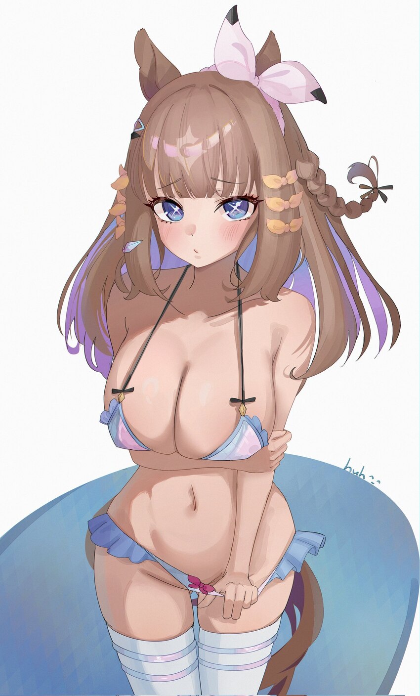 1girl adapted costume almond eye (the changer) (umamusume) almond eye (umamusume) animal ears arm under breasts ass visible through thighs bikini bik…
