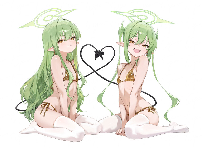 2girls absurdres bikini black tail blue archive blush breasts closed mouth commentary demon girl demon tail earrings film grain full body gold bikini…