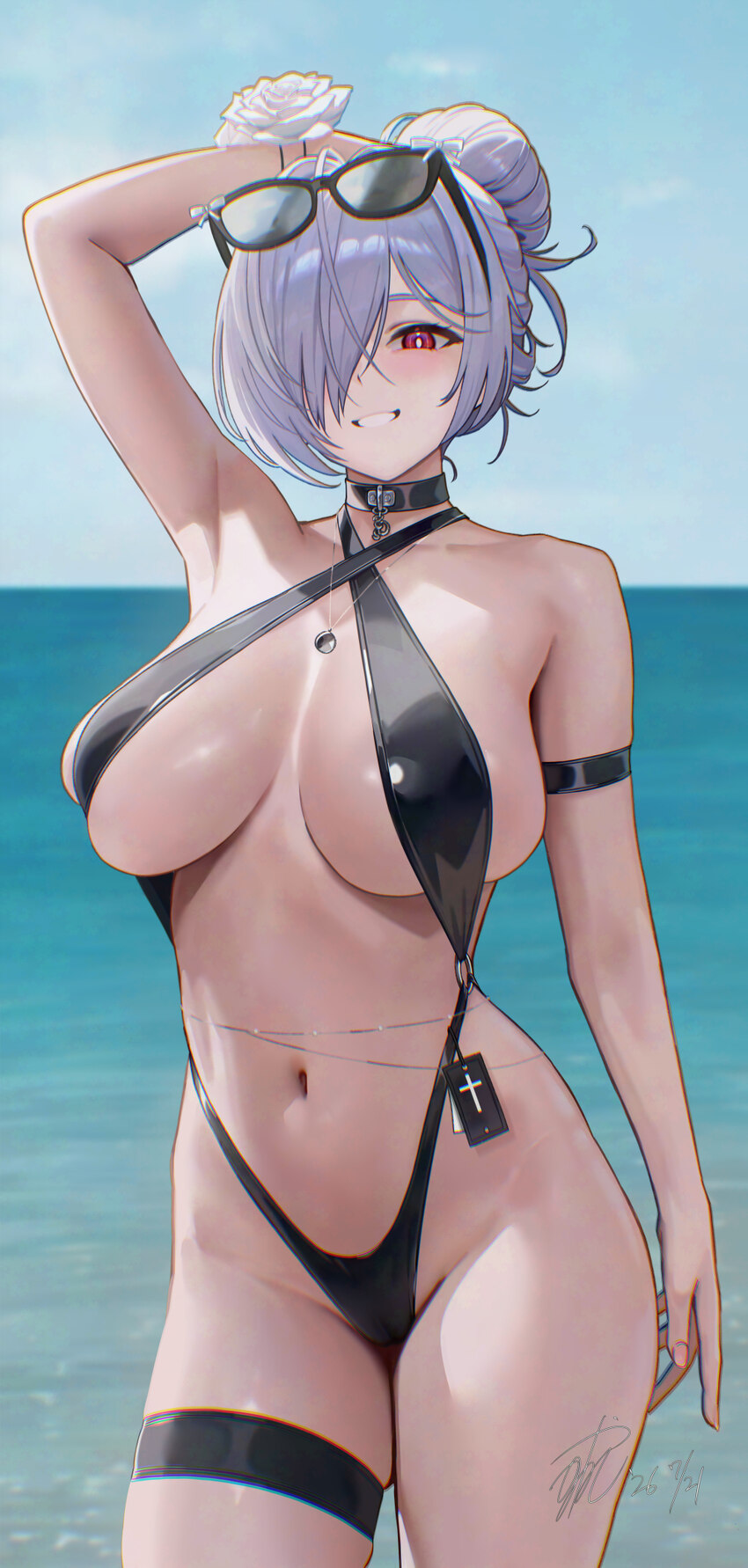 1girl arm at side arm strap arm up armpits bare shoulders black choker black slingshot swimsuit blush breasts choker chromatic aberration cinderella …