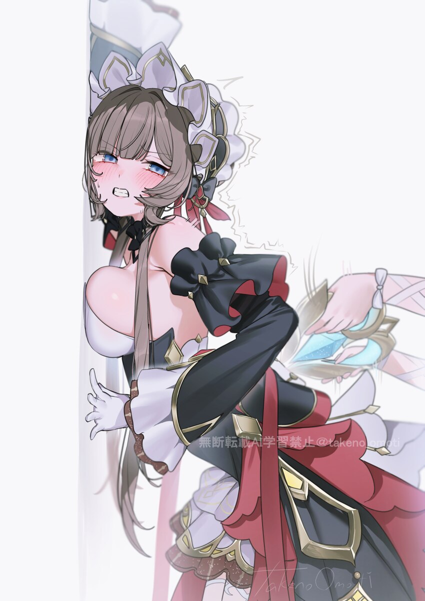 2girls absurdres bare shoulders barefoot black dress black hair blue eyes bow breast press breasts brown hair cleavage columbina (genshin impact) com…