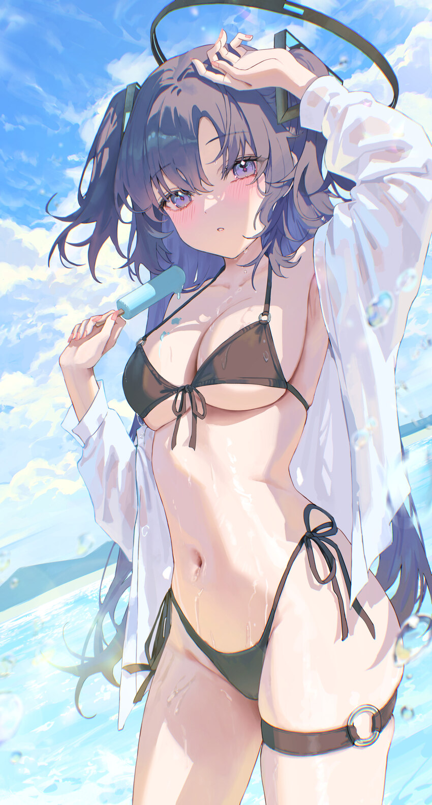 1girl 3wata ame3 alternate costume bikini black bikini black halo blue archive blush breasts cloud commentary cowboy shot dot nose food groin hair or…