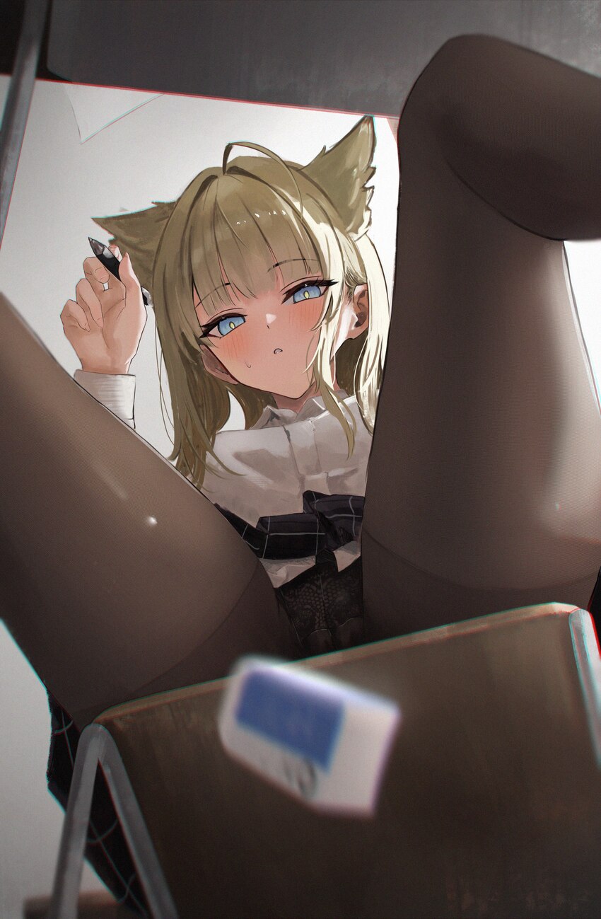 1girl absurdres alternate costume animal ears arknights arknights  endfield bird ears black panties black pantyhose black skirt blue eyes blush chair…